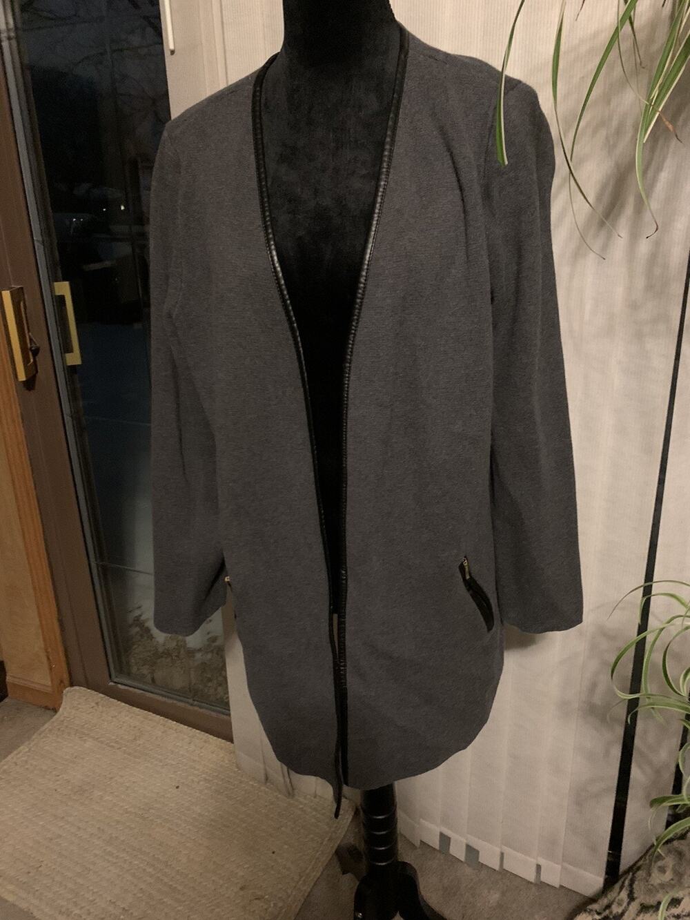 Charter Club Sweater Cardigan Womens Large Leather look Trim Zip Pockets
